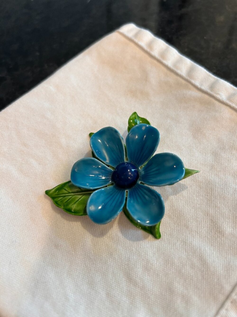 Vintage Signed Regency Enamel Flower Brooch Blue & Green Mid Century Pin